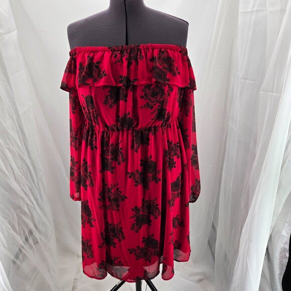 76-17 Torrid Red Roses Chiffon Off Shoulder long sleeve Skater Dress Size 14/16 - Picture 3 of 12